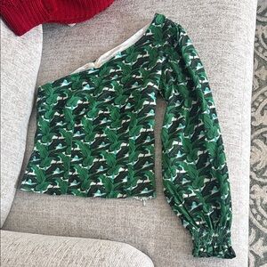 Green Leaf Print One-Shoulder Top